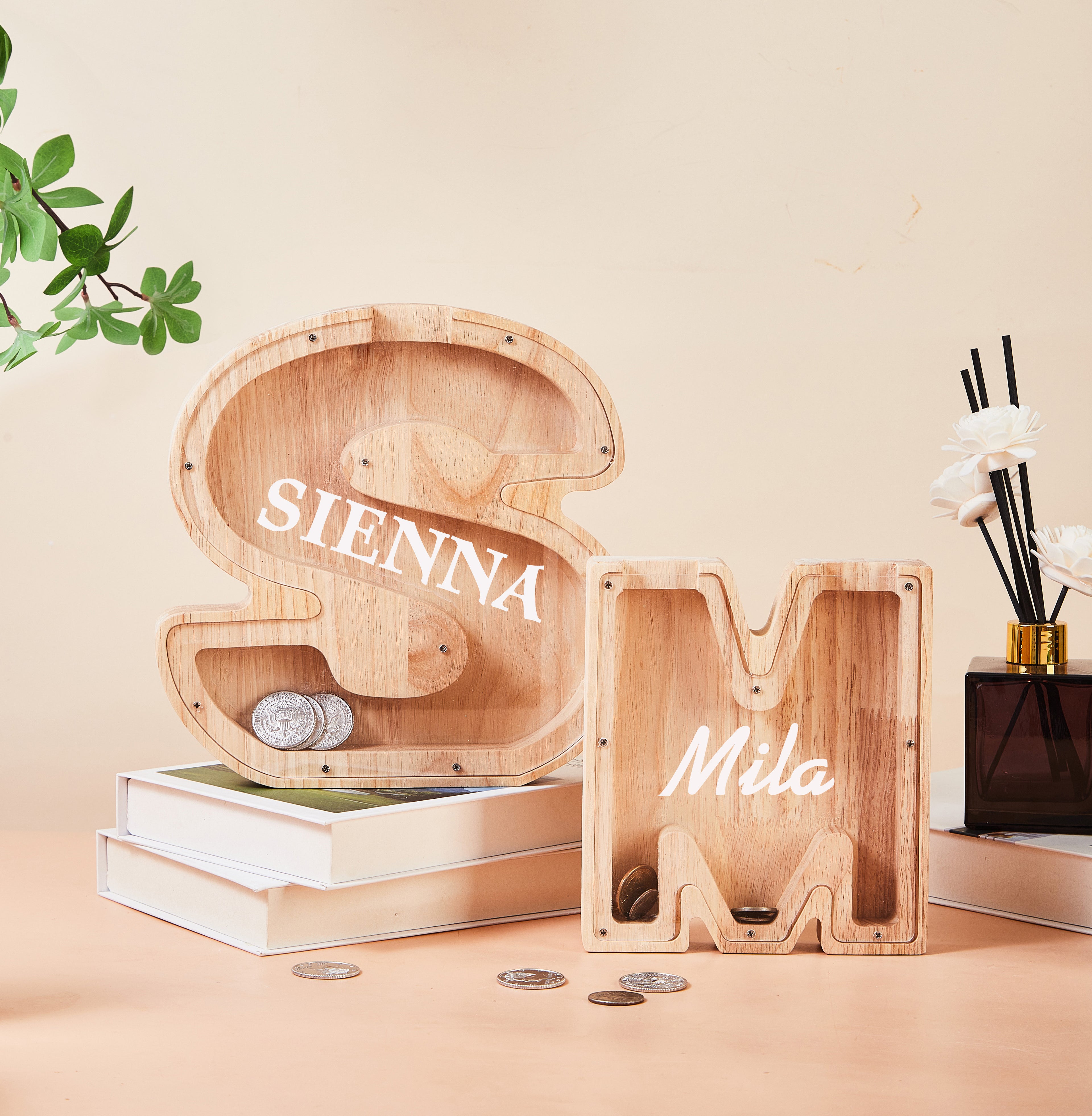 Personalized Large Wooden Kids Letter Piggy Bank, Wood Gift for Kids, Custom Name Coin Bank, Wood Alphabet Letter Bank, Christmas Gifts