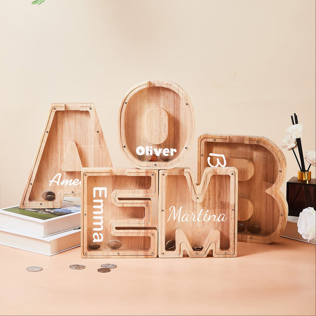 Personalized Large Wooden Kids Letter Piggy Bank, Wood Gift for Kids, Custom Name Coin Bank, Wood Alphabet Letter Bank, Christmas Gifts