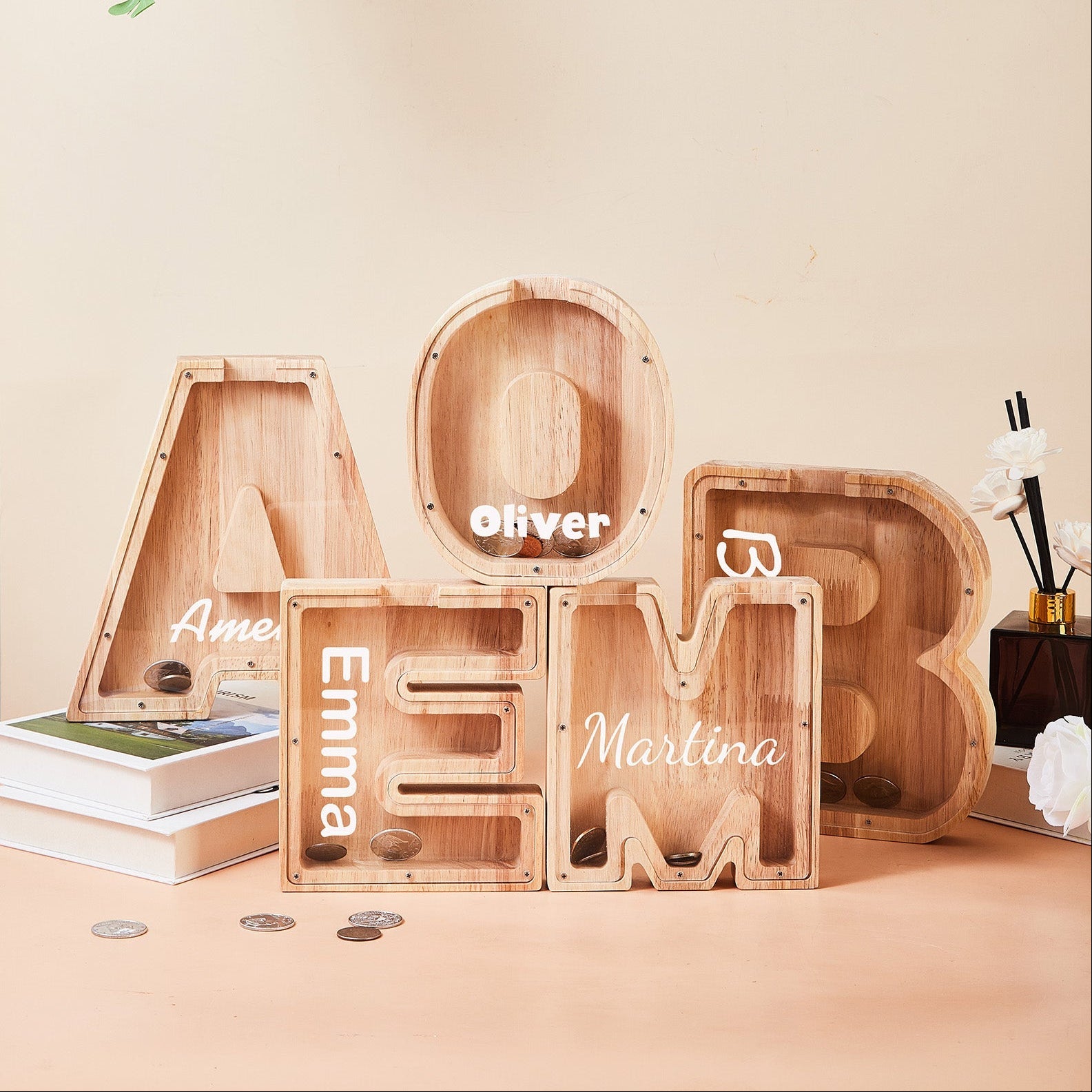 Personalized Large Wooden Kids Letter Piggy Bank, Wood Gift for Kids, Custom Name Coin Bank, Wood Alphabet Letter Bank, Christmas Gifts