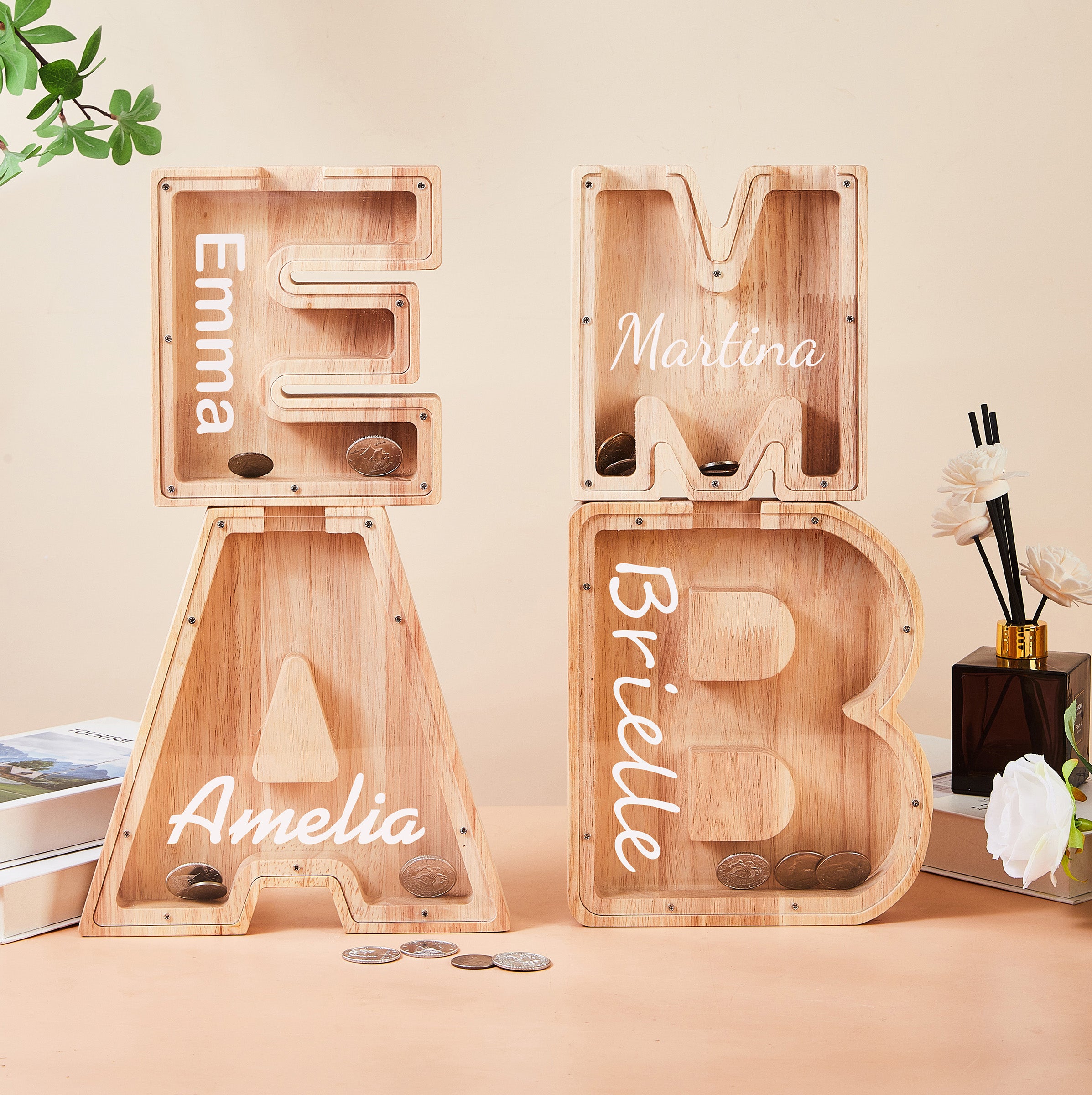 Personalized Large Wooden Kids Letter Piggy Bank, Wood Gift for Kids, Custom Name Coin Bank, Wood Alphabet Letter Bank, Christmas Gifts