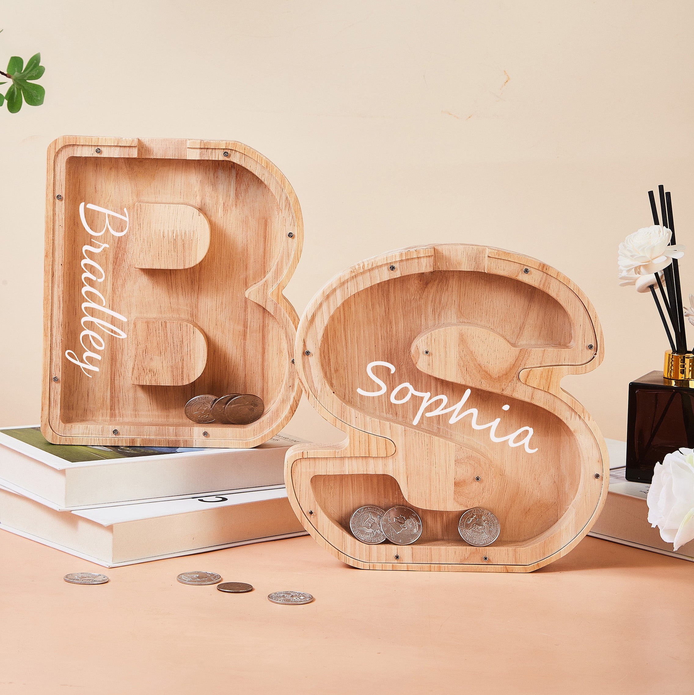 Personalized Large Wooden Kids Letter Piggy Bank, Wood Gift for Kids, Custom Name Coin Bank, Wood Alphabet Letter Bank, Christmas Gifts